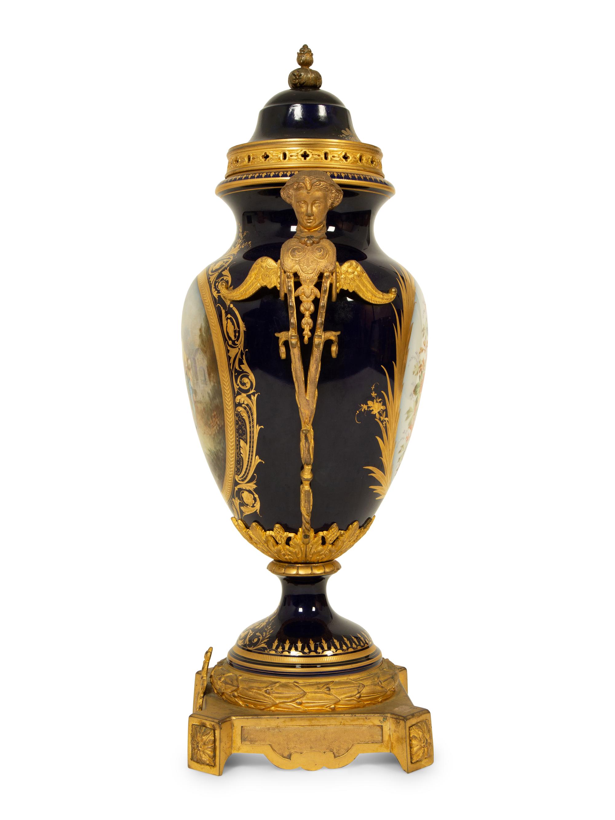 A Sevres Style Porcelain Gilt Bronze Mounted Covered Urn