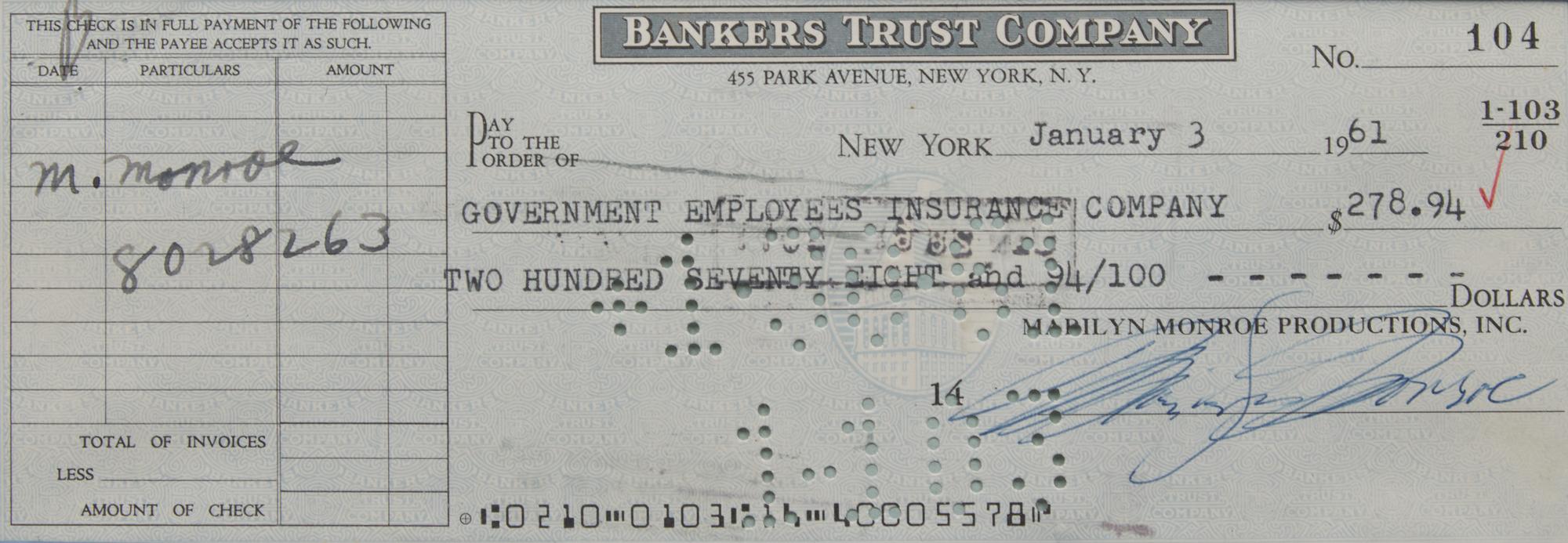 [Entertainment] Monroe, Marilyn. Partially-Printed Check, signed