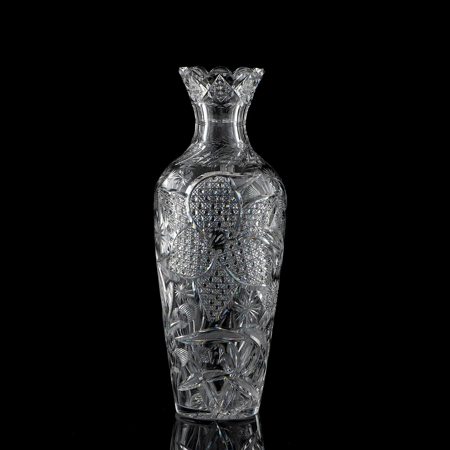 A Brilliant-Period Cut Glass Vase with Flowers, Possibly by W.C. Anderson or Strauss