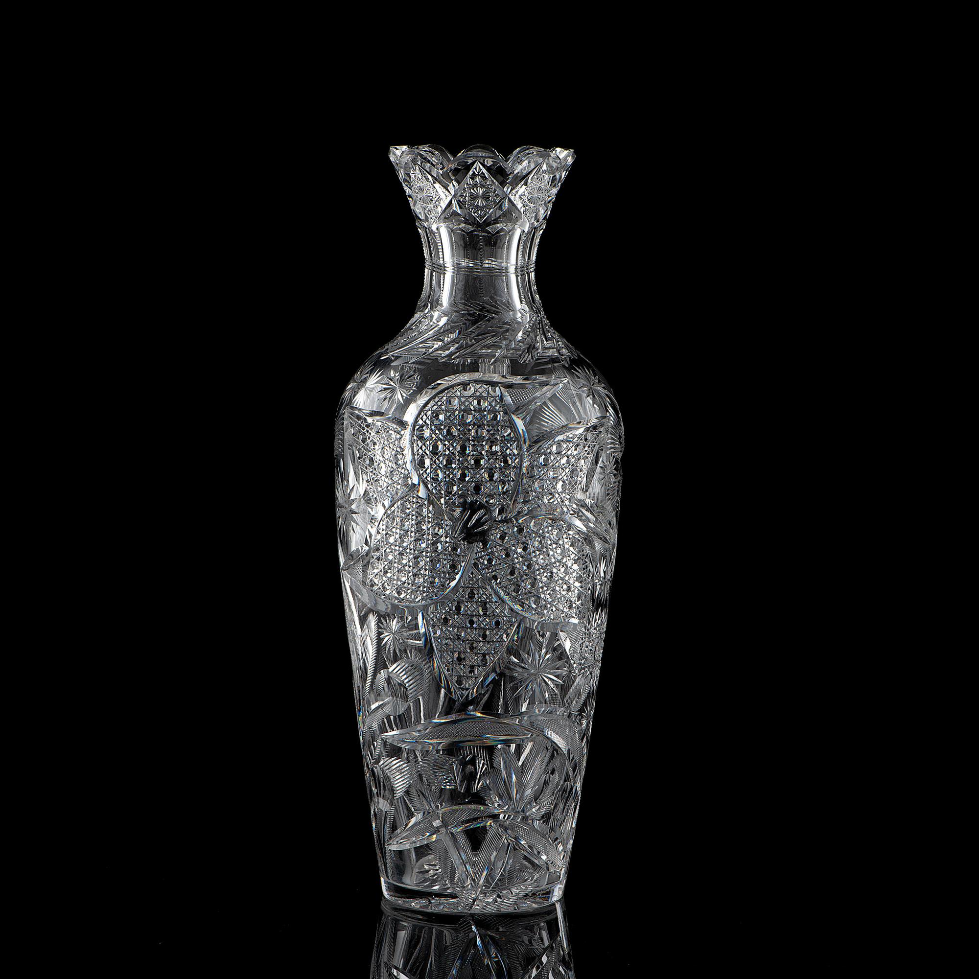 A Brilliant-Period Cut Glass Vase with Flowers, Possibly by W.C. Anderson or Strauss