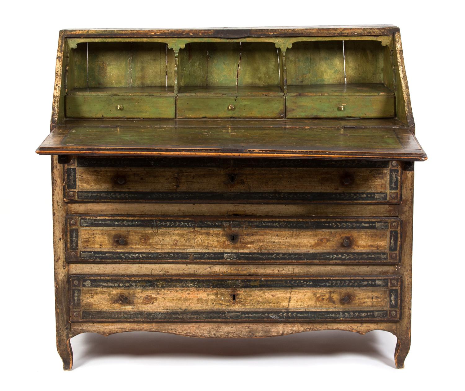 A Venetian Painted Drop-Front Desk Height 42 3/4 x width 46 x depth 23 inches. — LATE 18TH/EARLY 19TH CENTURY