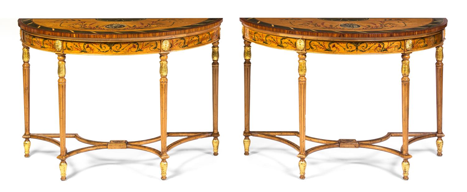 A Pair of Edwardian Style Satinwood and Parcel Gilt Console Tables, Height 32 x width 45 x depth 19 inches.