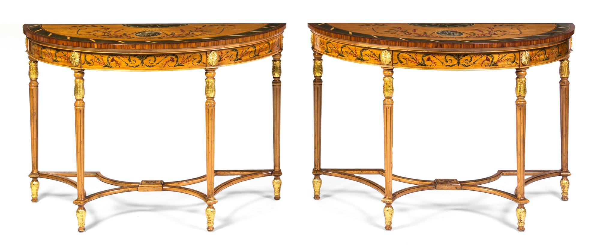 A Pair of Edwardian Style Satinwood and Parcel Gilt Console Tables, Height 32 x width 45 x depth 19 inches.