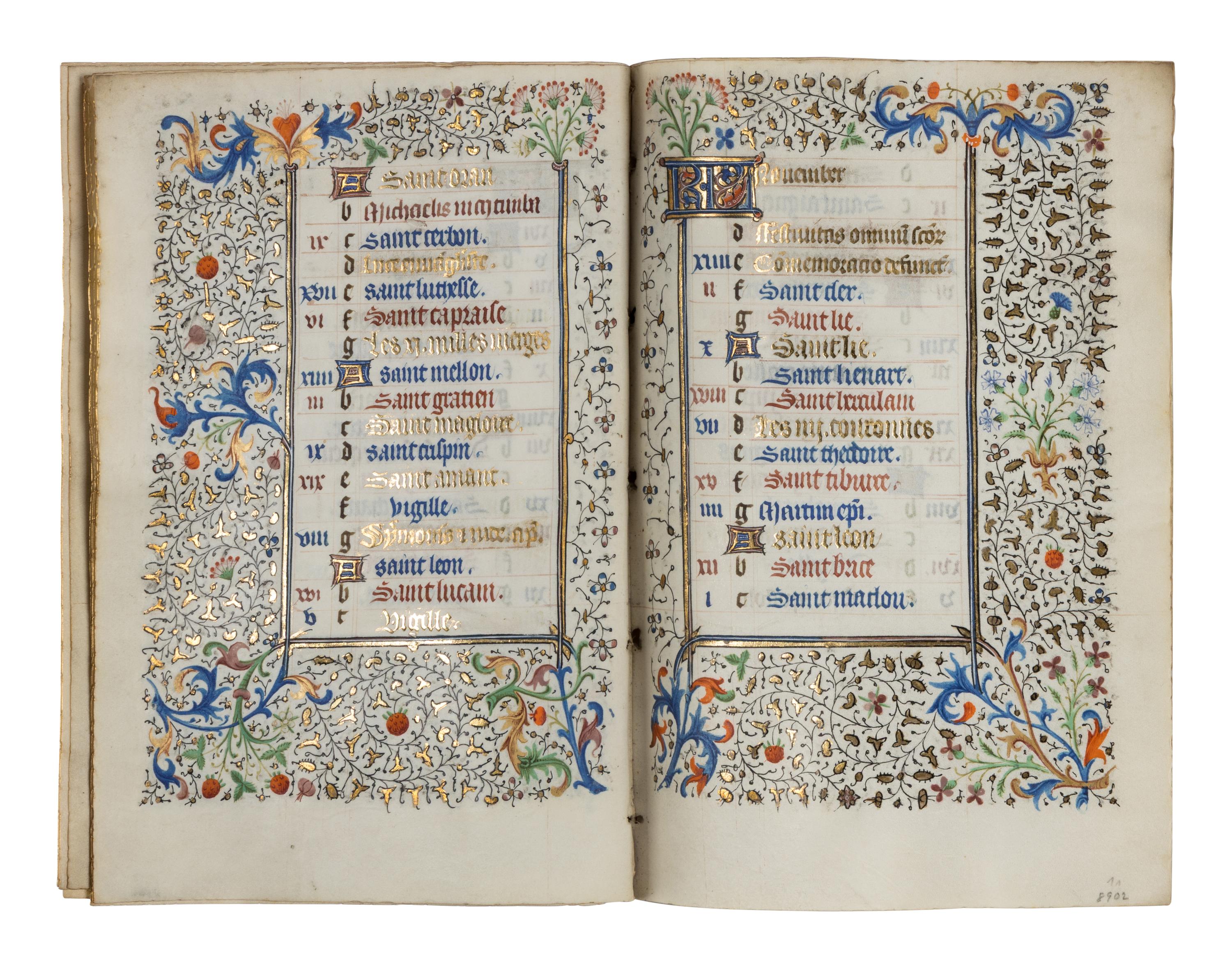 CIRCLE OF THE MASTER OF JEAN ROLIN II (active Paris, c. 1445–1465) A single quire of twelve leaves from a Book of Hours, calendar, in French, illuminated manuscript on parchment [France, Paris, c. 1450]