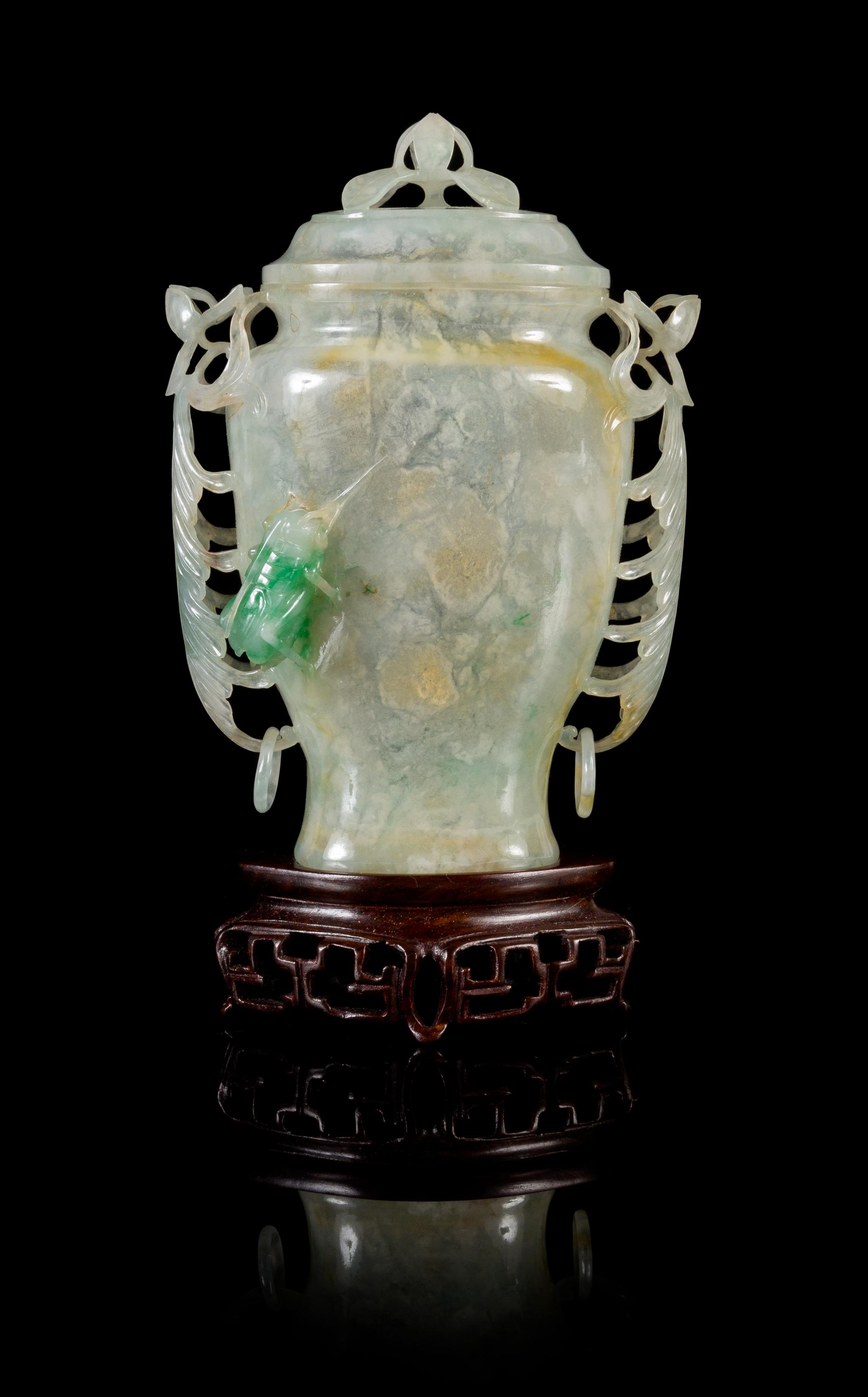A Mughal-Style Apple Green and Celadon Jadeite Covered Vase Height 5 1/2 inches. — LATE 19TH CENTURY