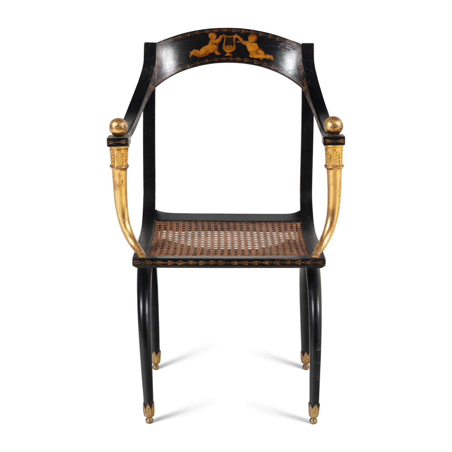 A Consulat Painted, Parcel Gilt and Ebonized Fauteuil