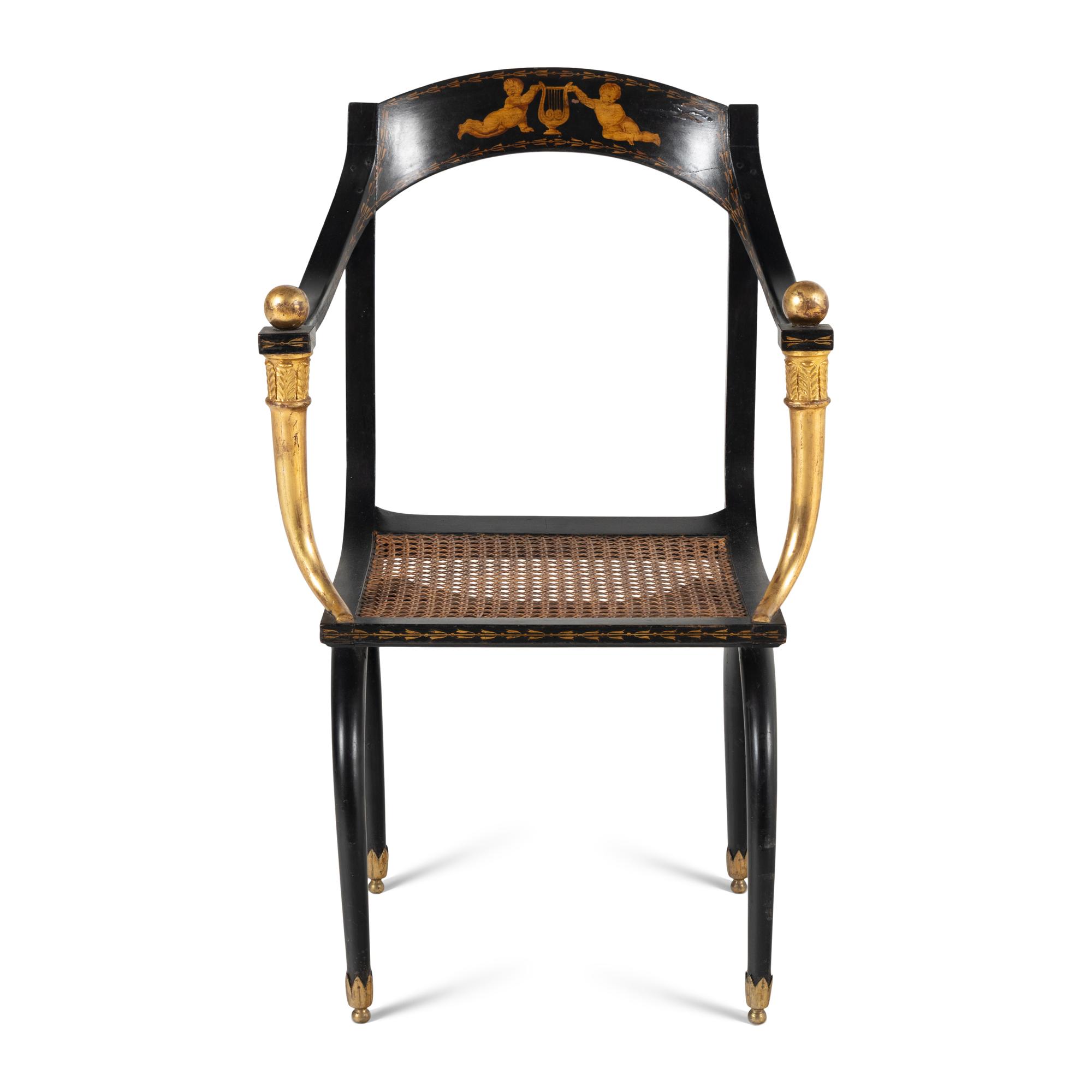 A Consulat Painted, Parcel Gilt and Ebonized Fauteuil