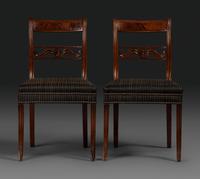 A Pair of Classical Carved and Figured Mahogany Klismos Side Chair