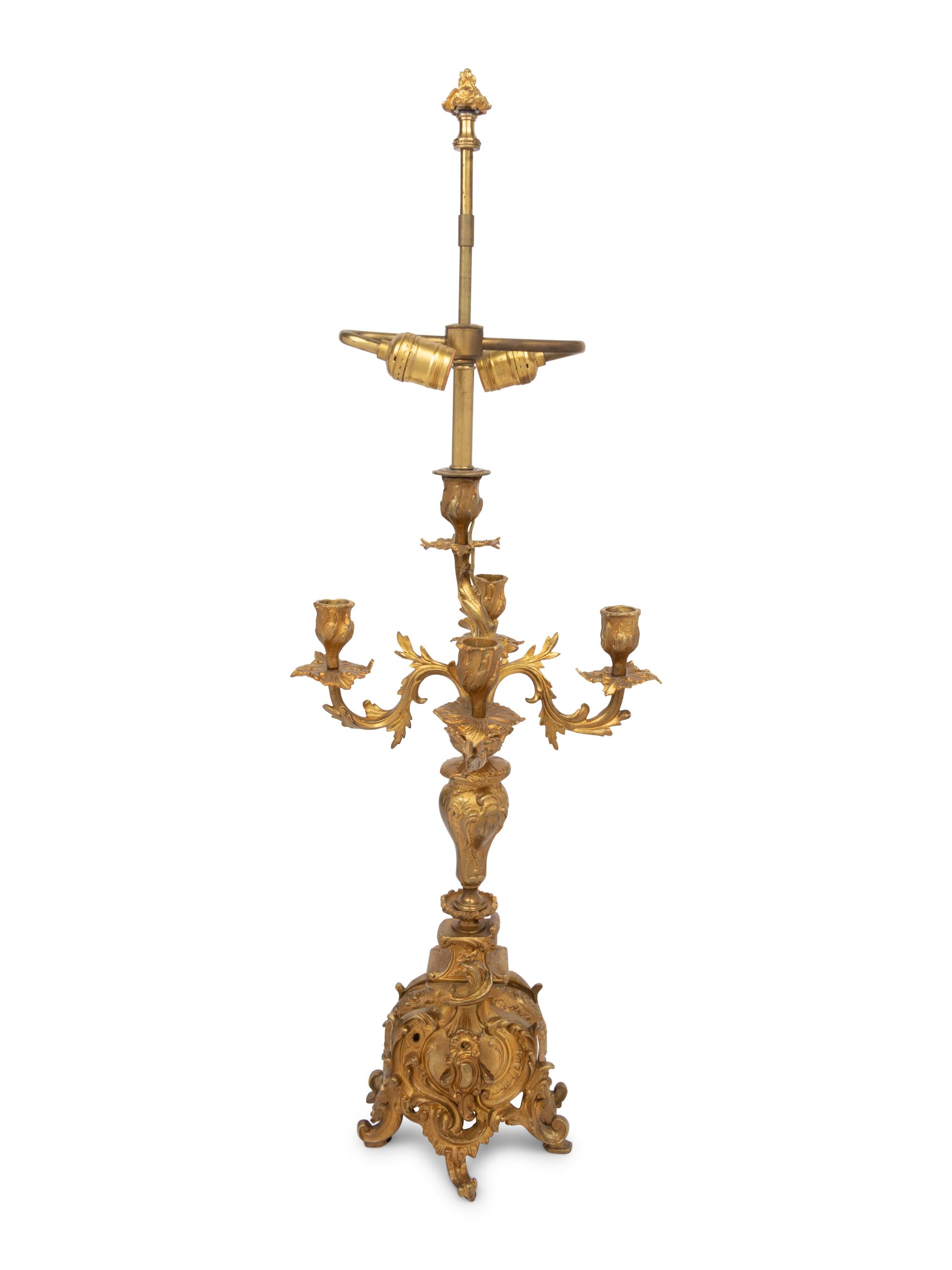A French Gilt Bronze Five-Light Candelabra Mounted as a Lamp