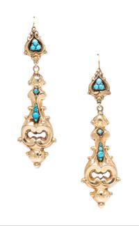 A Pair of Antique Yellow Gold and Turquoise Earrings, 4.00 dwts.