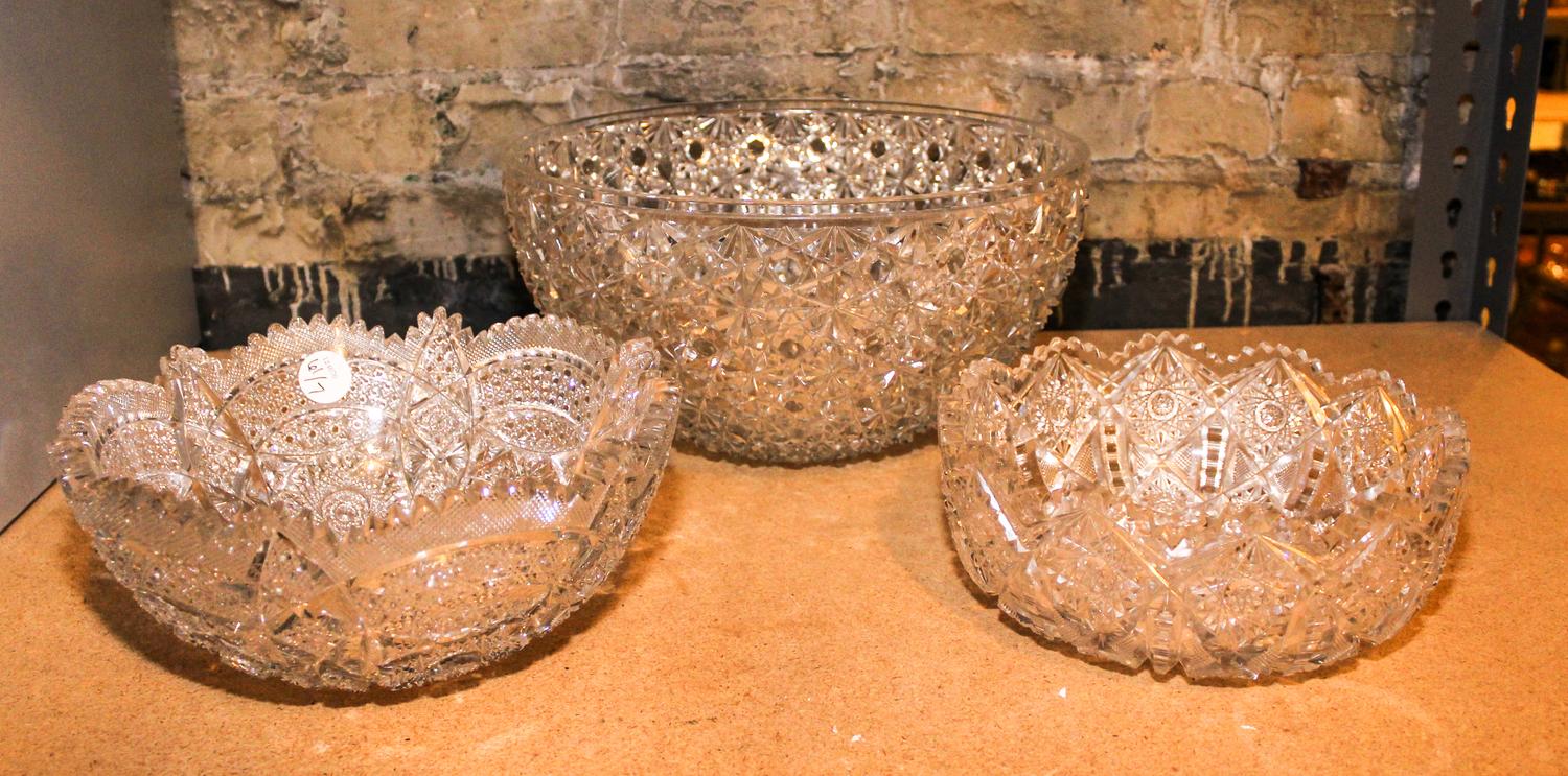 A Collection of Five Cut Glass Articles Width of widest 9 inches.