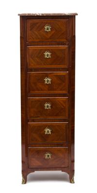 A French Empire Style Inlaid Tulipwood Tall Chest Height 56 3/4 x width 19 x depth 13 1/4 inches. — 19TH CENTURY