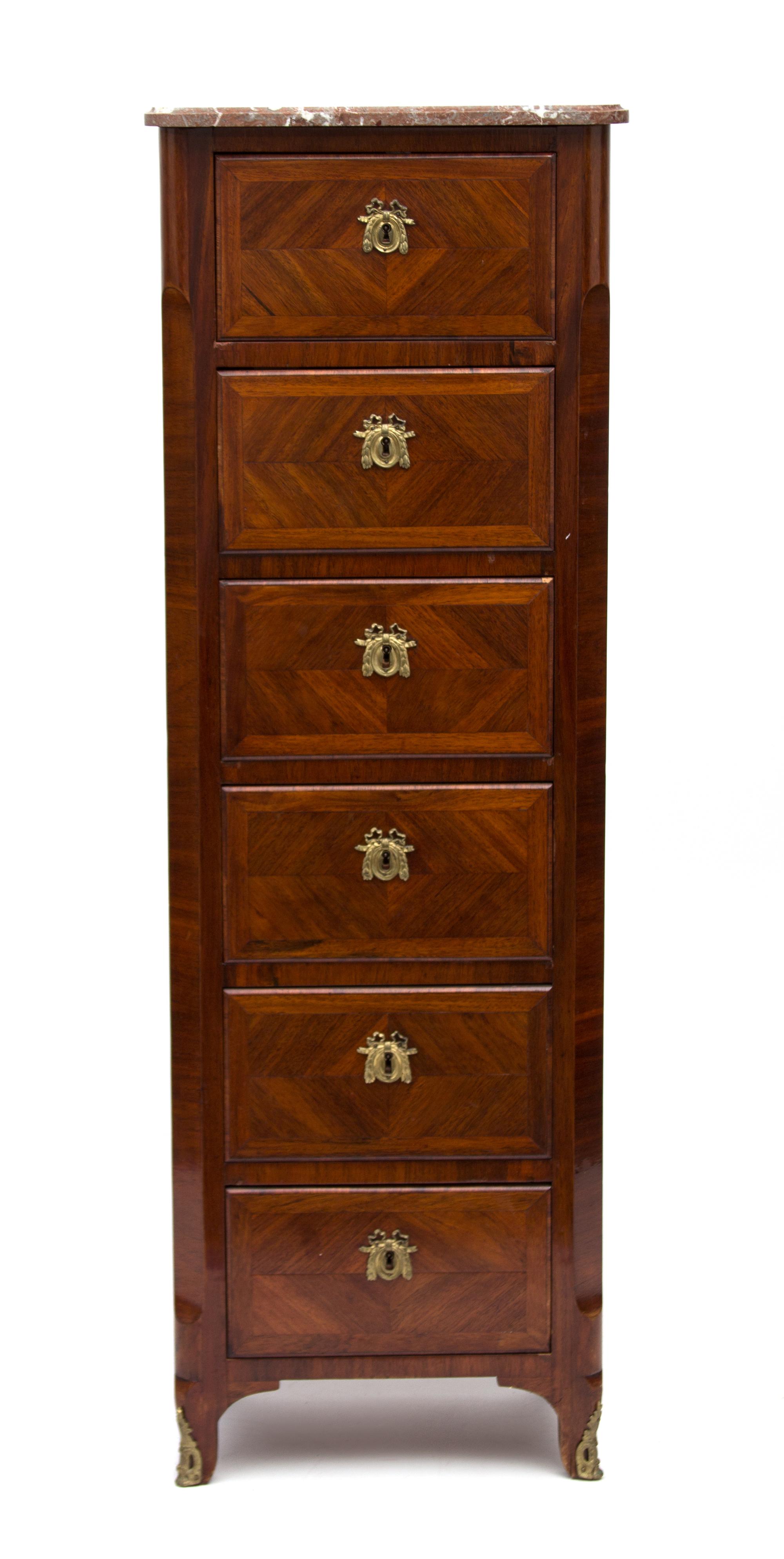 A French Empire Style Inlaid Tulipwood Tall Chest Height 56 3/4 x width 19 x depth 13 1/4 inches. — 19TH CENTURY