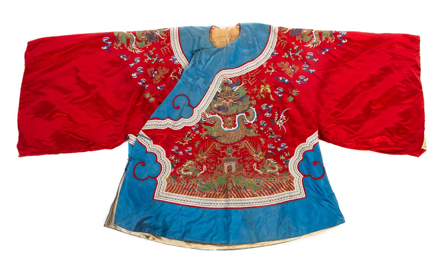 A Chinese Embroidered Silk Lady's Winter Robe Length collar to hem 36 inches.