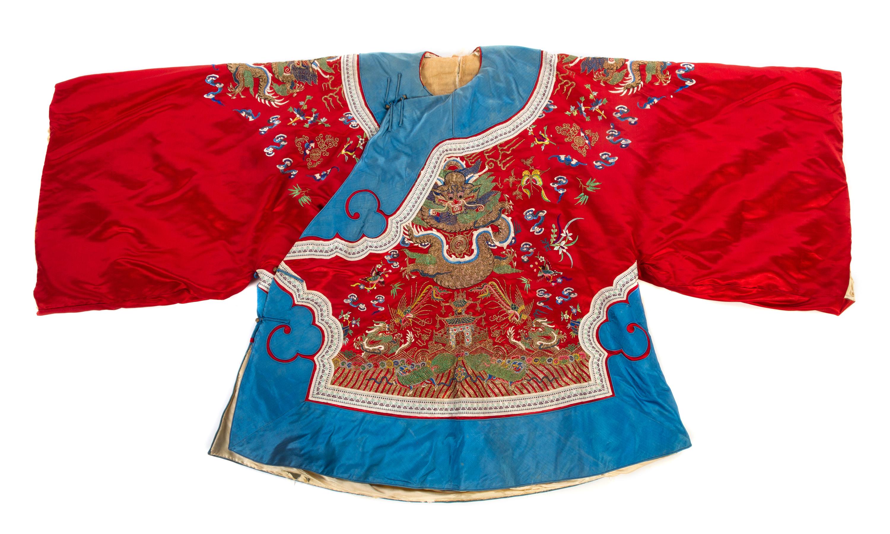 A Chinese Embroidered Silk Lady's Winter Robe Length collar to hem 36 inches.