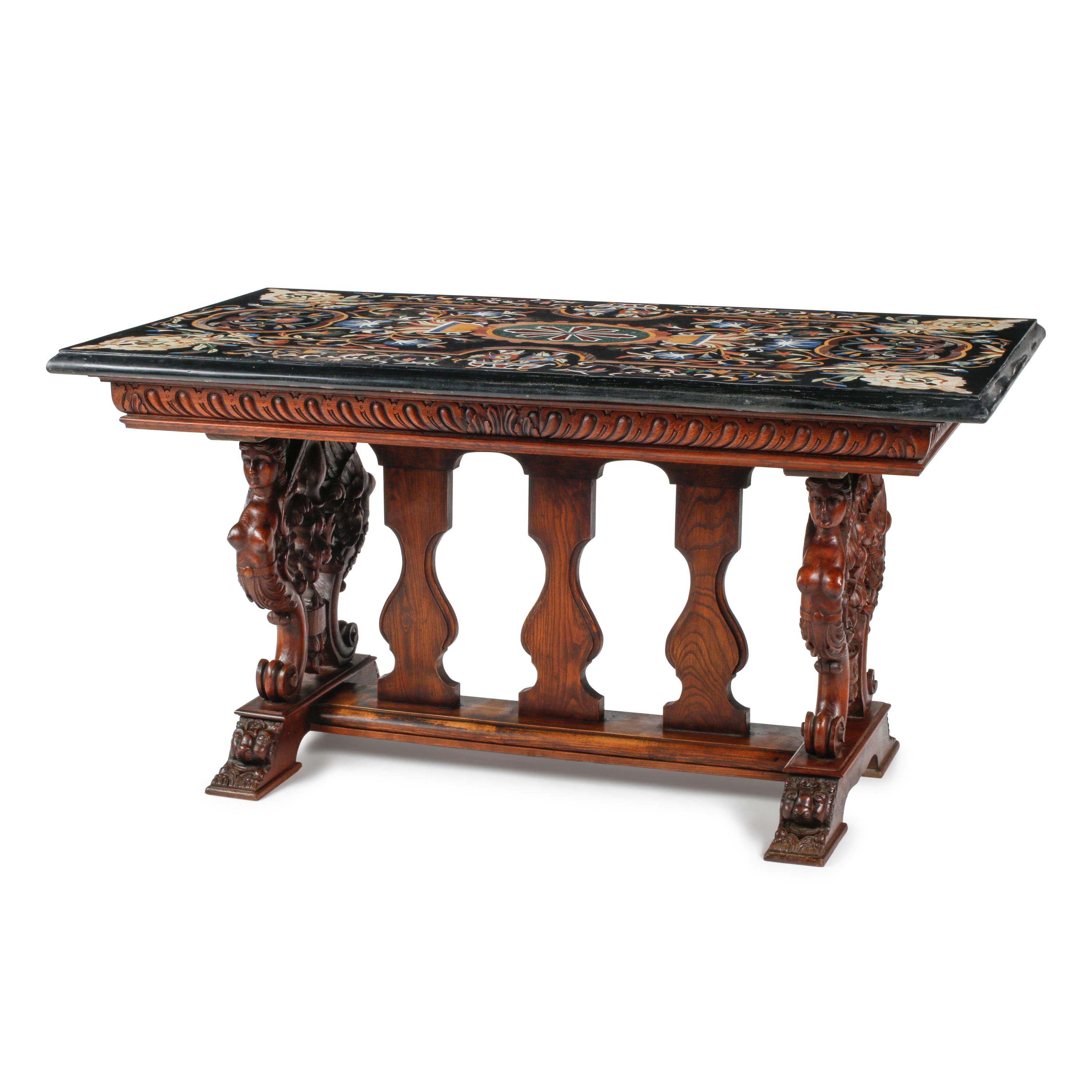 A Renaissance Revival Oak and Pietra Dura Top Table