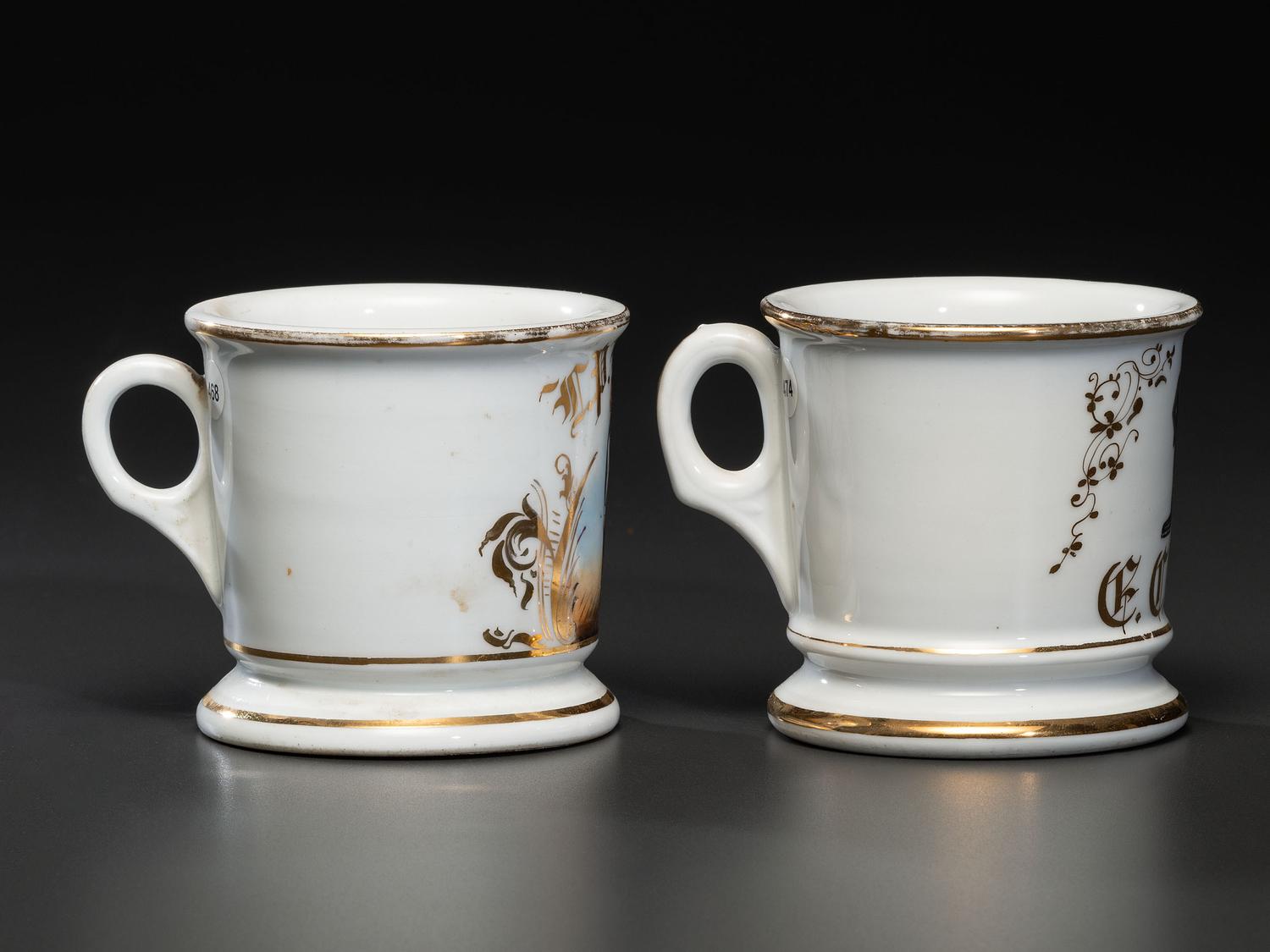 Two Porcelain Occupational Shaving Mugs of Sartorial Interest