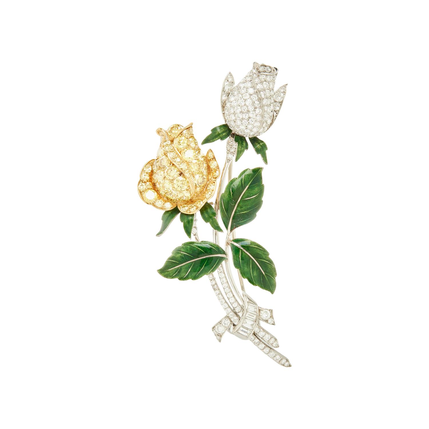 OSCAR HEYMAN, YELLOW DIAMOND, DIAMOND AND ENAMEL ROSE BROOCH