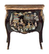 A Louis XVI Style Gilt Metal Mounted Lacquered Marble-Top Commode
