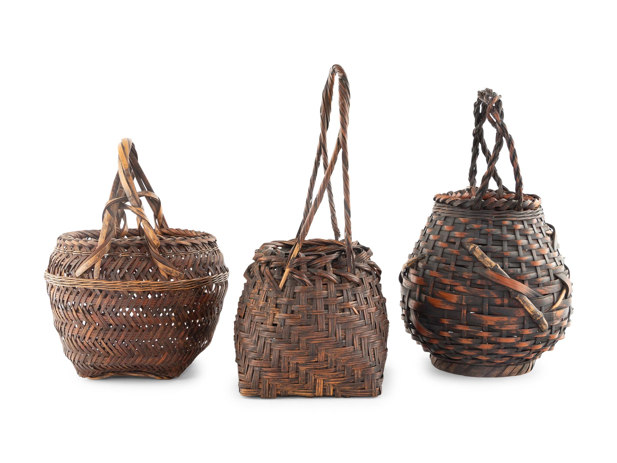 Three Japanese Bamboo Ikebana Baskets [Basket pictured far right to be returned to client; not included in donation group]