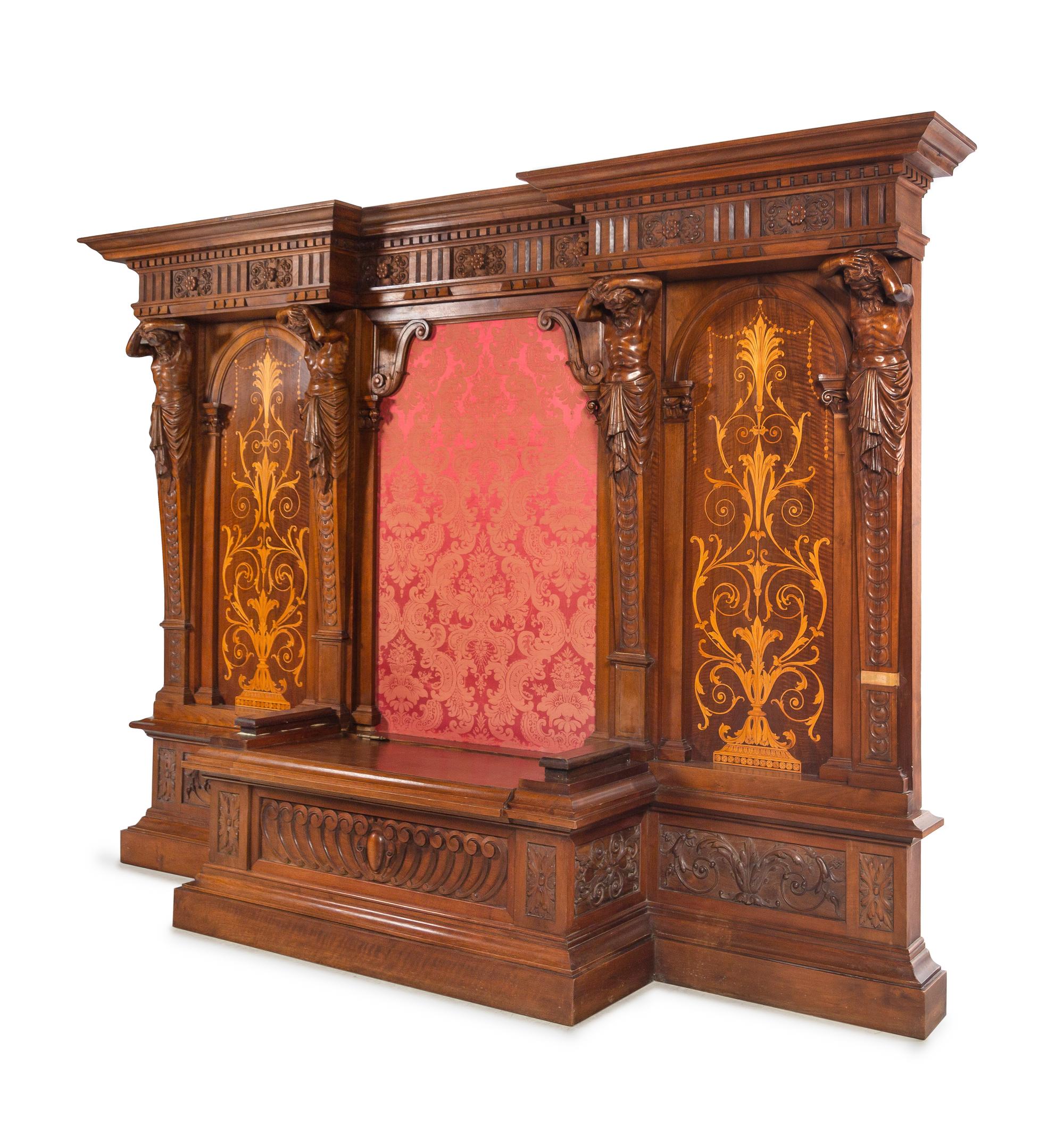 A Renaissance Revival Style Carved Walnut and Marquetry Hall Bench