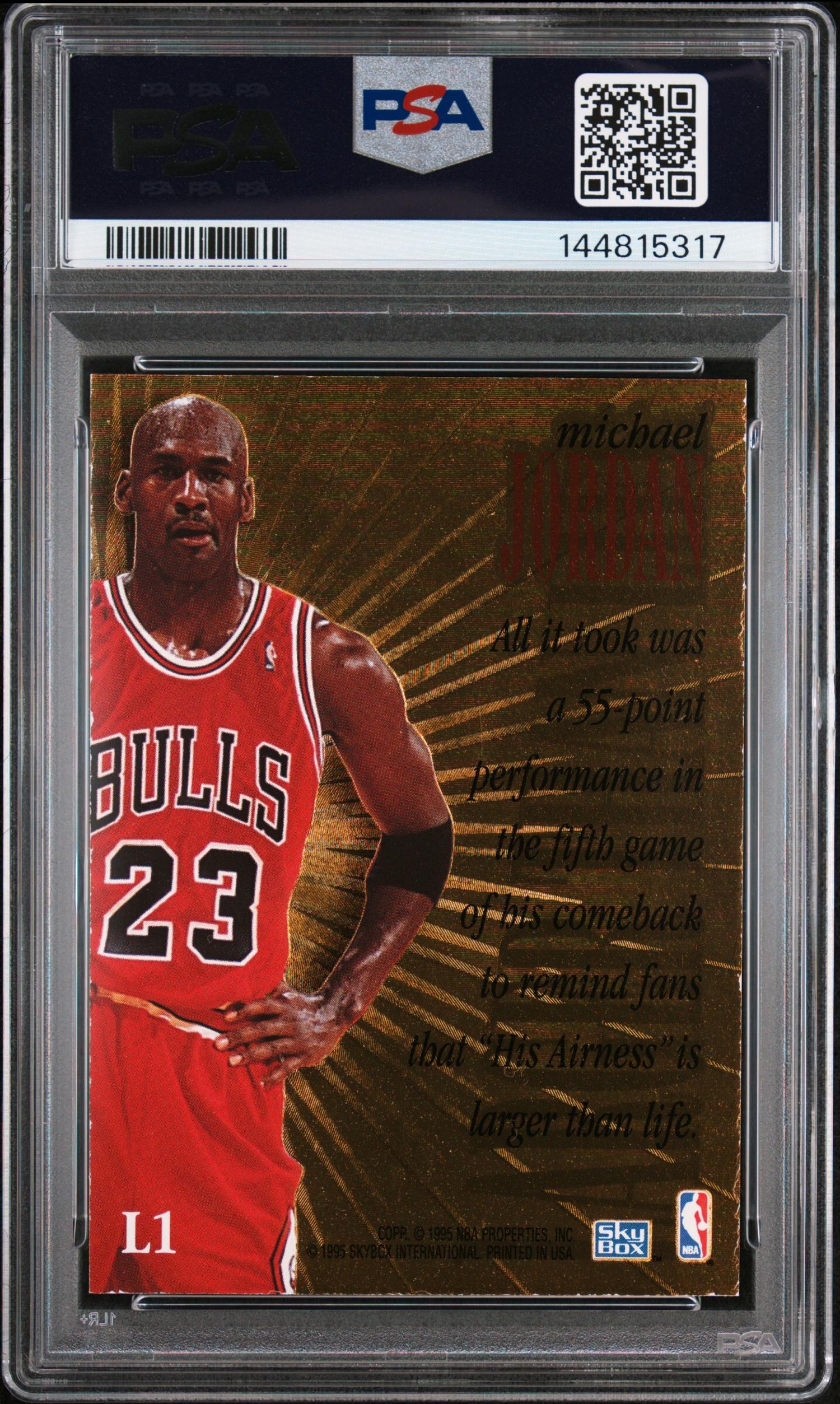 A 1995 Skybox Premium Michael Jordan Larger Than Life Basketball Card No. L1 (PSA 8 NM-MT)