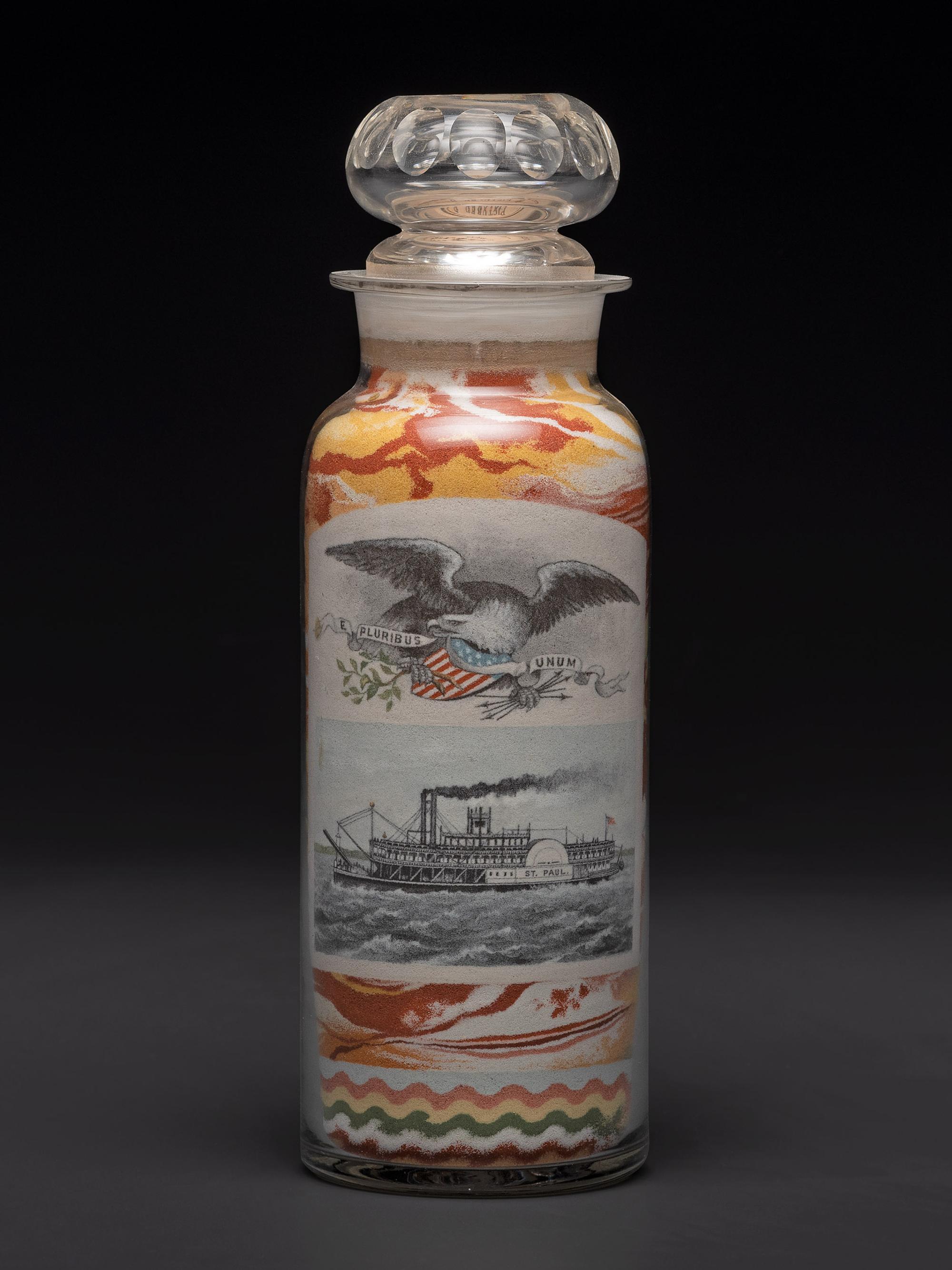An Impressive Masterwork Andrew Clemens (American, 1857-1894) Labeled Sand Bottle