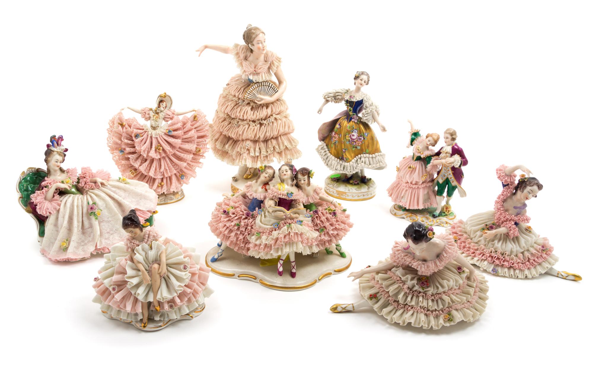 A Collection of Nine Dresden Porcelain Figures and Figural Groups Height of tallest 11 1/2 inches.
