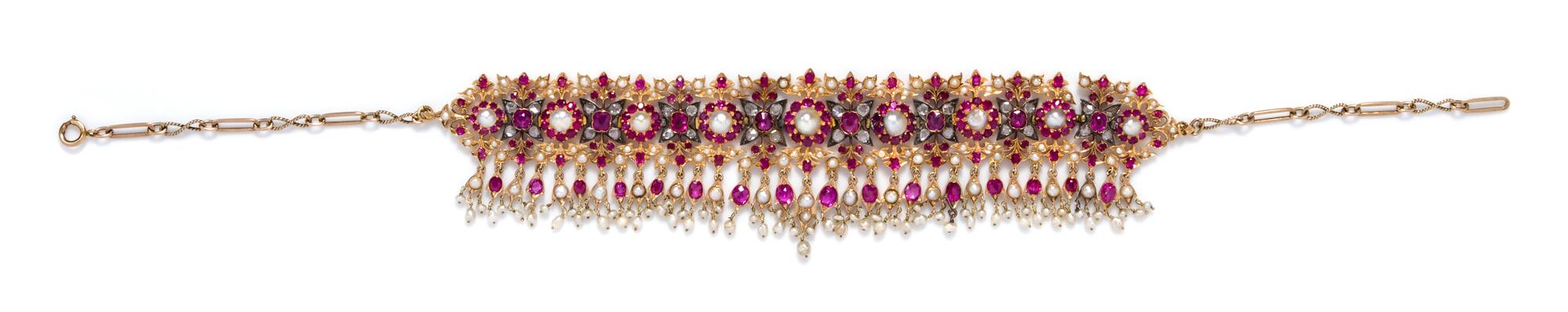 A Yellow Gold, Silver, Diamond, Ruby and Pearl Necklace, East Indian, 66.30 dwts.