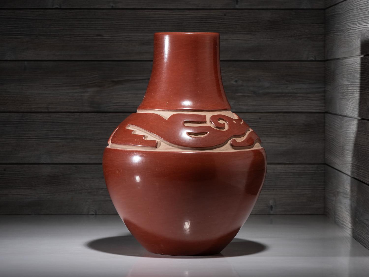 Carved Redware Pottery Vase, with Avanyu