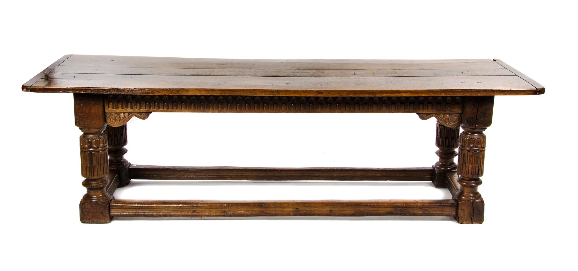A Jacobean Style Oak Refectory Table, Height 31 x width 100 1/2 x depth 33 inches.