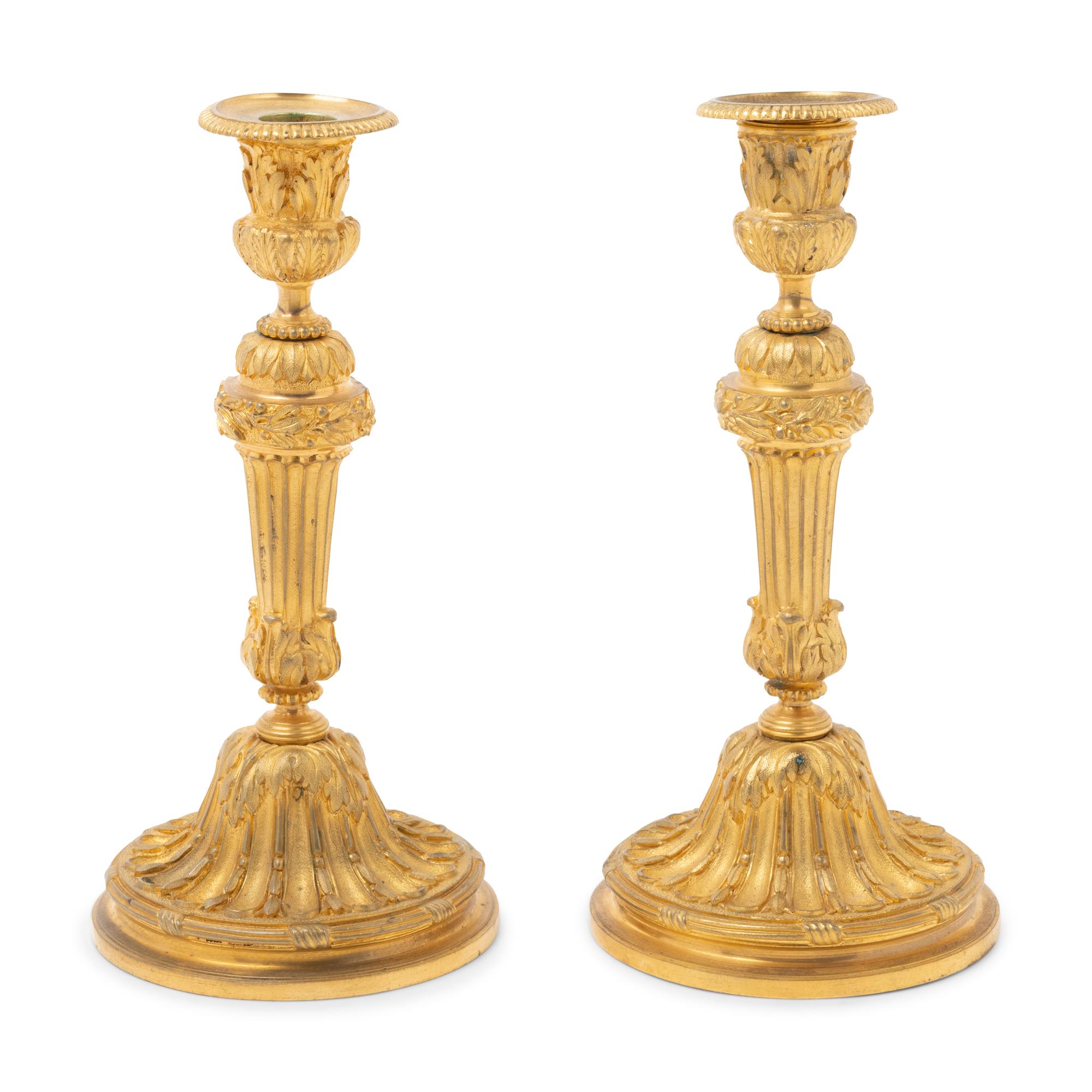 A Pair of Louis XVI Style Gilt Bronze Candlesticks