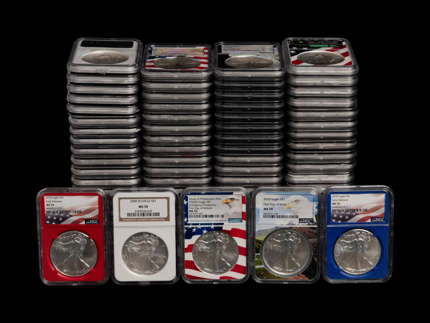 A Collection of Eighty-Six NGC Graded MS 70 Silver Eagle $1 Coins