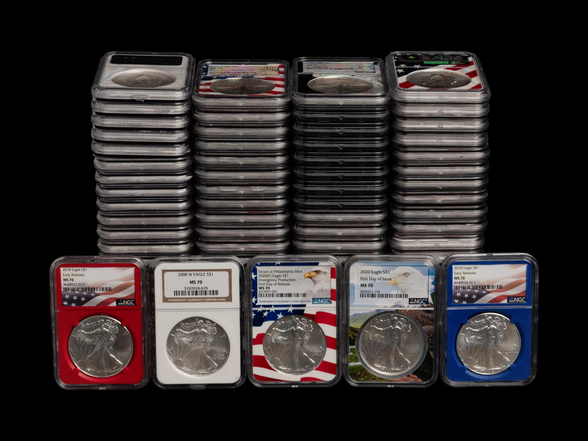 A Collection of Eighty-Six NGC Graded MS 70 Silver Eagle $1 Coins