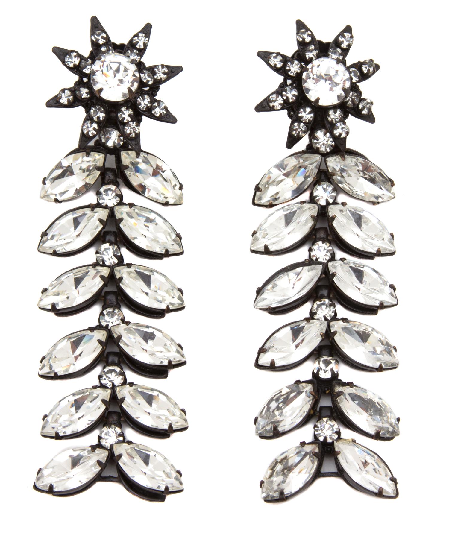 A Pair of Miriam Haskell Rhinestone Drop Earclips, 3.5" x 1".
