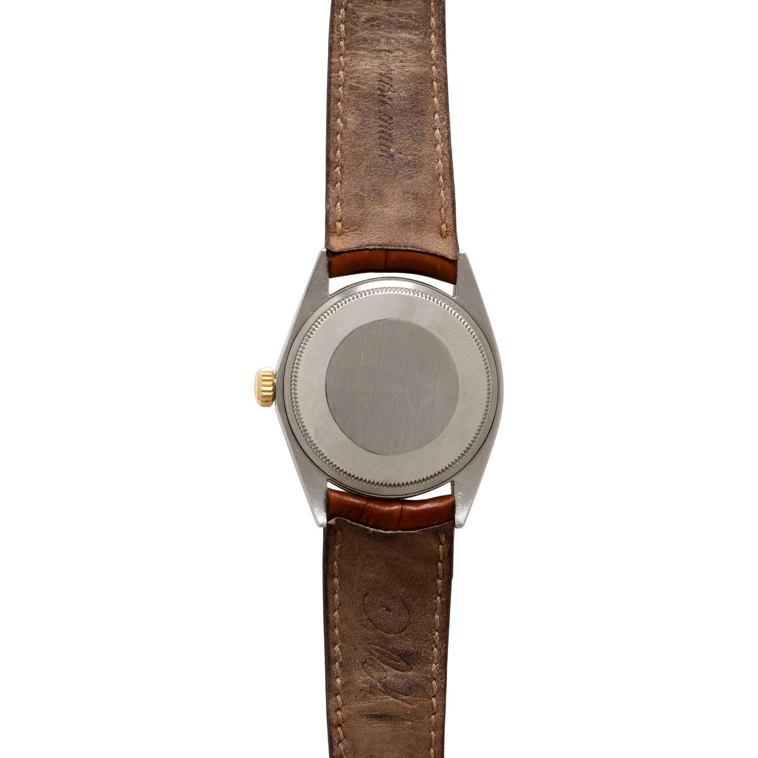 ROLEX, REF. 1512 STAINLESS STEEL AND 18K ENGINE TURNED YELLOW GOLD BEZEL 'DATE' 'ZEPHYR' WATCH, CIRCA 1970