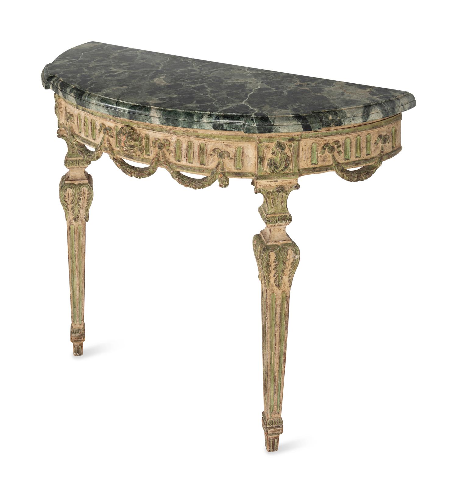 A Pair of Italian Neoclassical White and Green Painted Faux Marble-Top Demilune Console Tables
