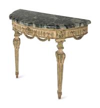 A Pair of Italian Neoclassical White and Green Painted Faux Marble-Top Demilune Console Tables