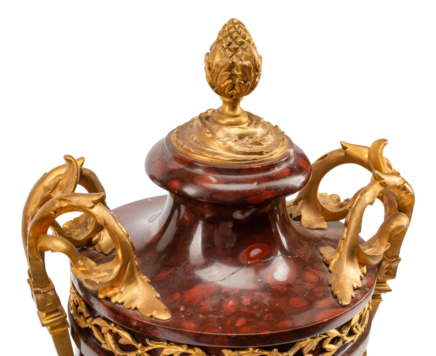A Pair of Gilt Bronze Mounted Rouge Griotte Marble Urns