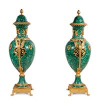 A Pair of Empire Style Gilt Bronze Mounted Malachite Veneered Urns