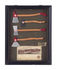 A Central Scientific Co. Scale, an Ingraham Eight-Day Movement Mantle Clock and Framed Salesmen Samples of Blue Grass Axes