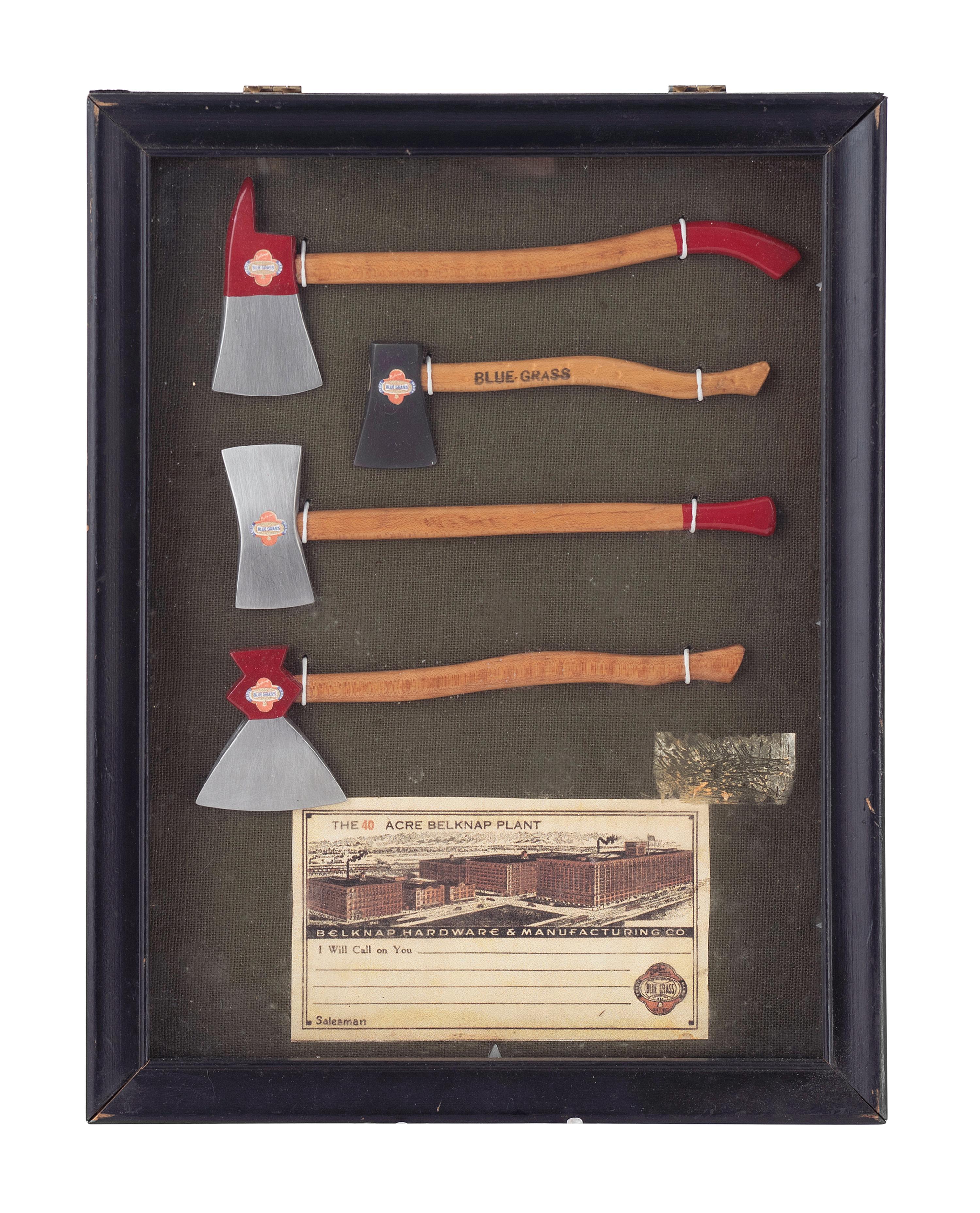 A Central Scientific Co. Scale, an Ingraham Eight-Day Movement Mantle Clock and Framed Salesmen Samples of Blue Grass Axes
