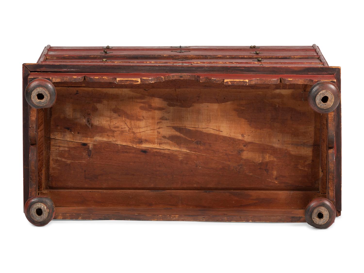 A William and Mary Red Painted Pine Two-Drawer Blanket or Mule Chest