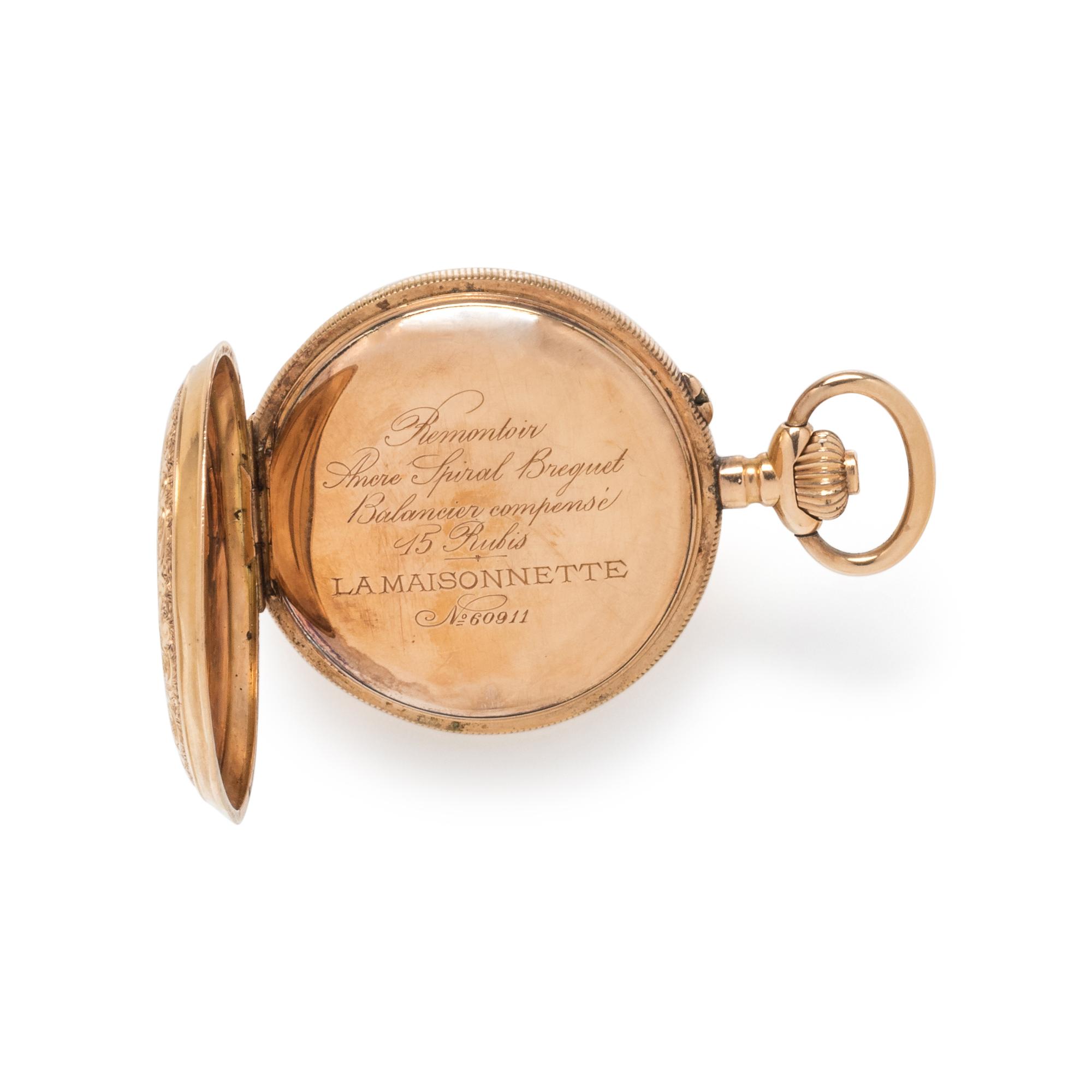 LA MAISONNETTE, 18K YELLOW GOLD AND ENAMEL HUNTER CASE POCKET WATCH