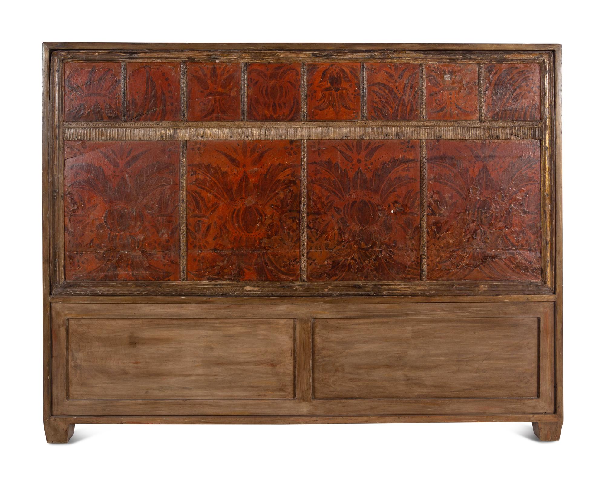 An Indian Painted and Parcel Gilt Relief Panel Converted to a Headboard