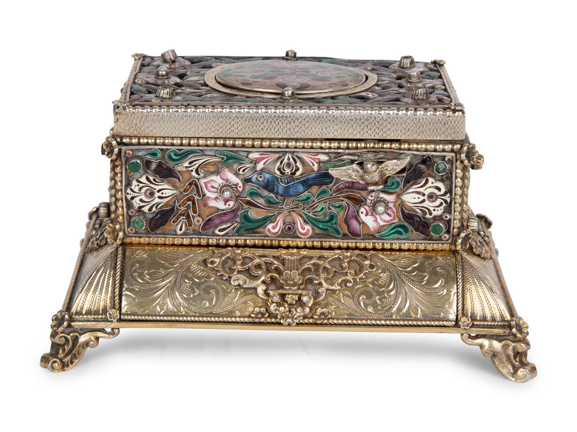 A Continental Enameled Silver Gilt Singing Bird Automaton Box — 19TH CENTURY