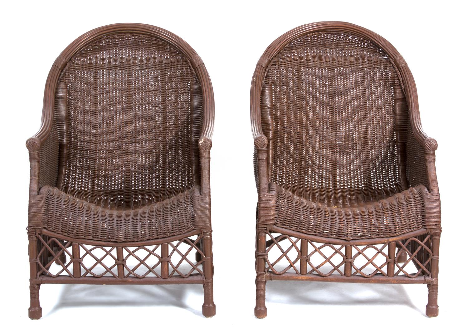 A Suite of Contemporary Brown Wicker and Stained Wood Outdoor Furniture Table, Height 19 1/2 x length 73 x depth 44 1/2 inches. — 20TH CENTURY