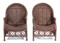 A Suite of Contemporary Brown Wicker and Stained Wood Outdoor Furniture Table, Height 19 1/2 x length 73 x depth 44 1/2 inches. — 20TH CENTURY