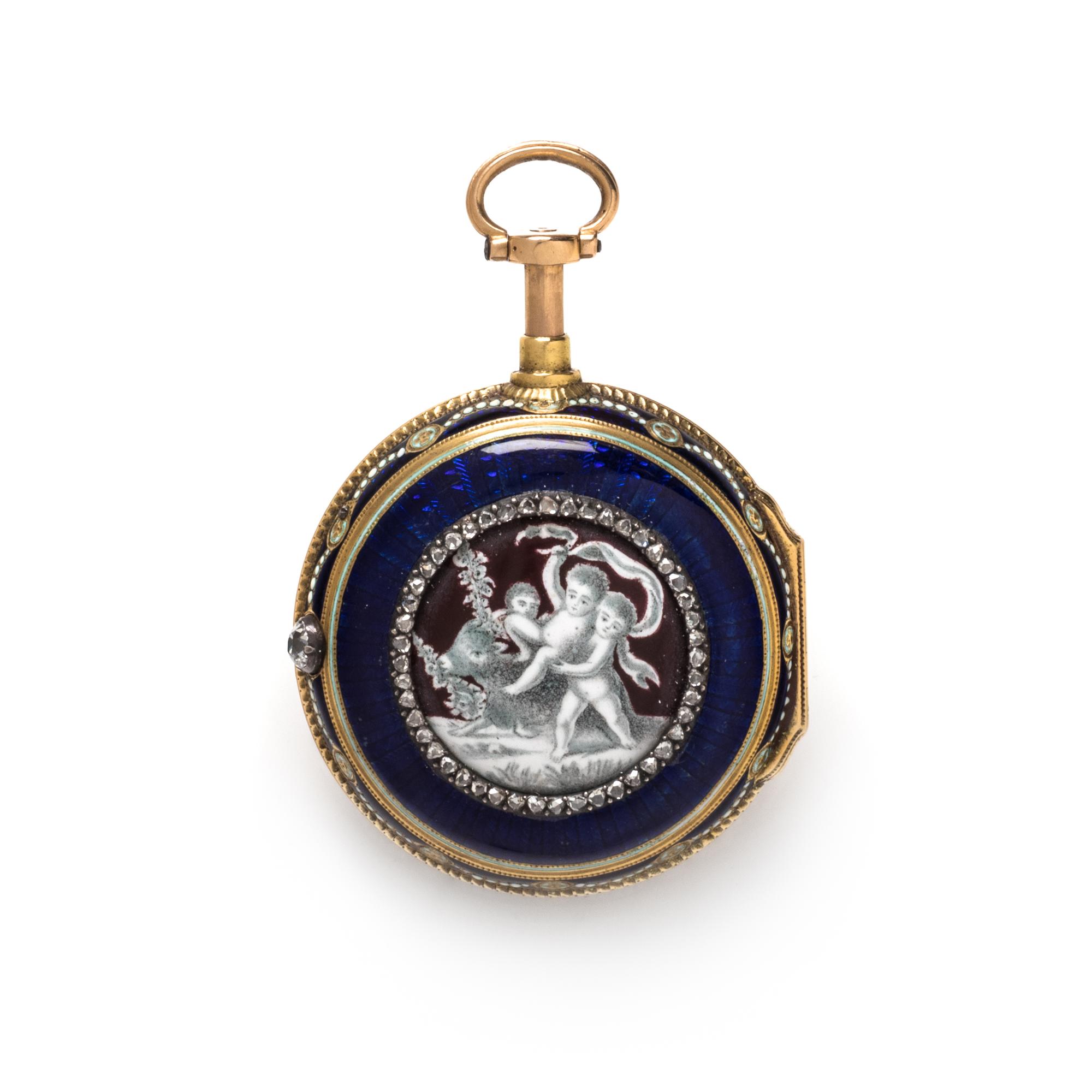 22K YELLOW GOLD, ENAMEL AND DIAMOND QUARTER REPEATER OPEN FACE POCKET WATCH