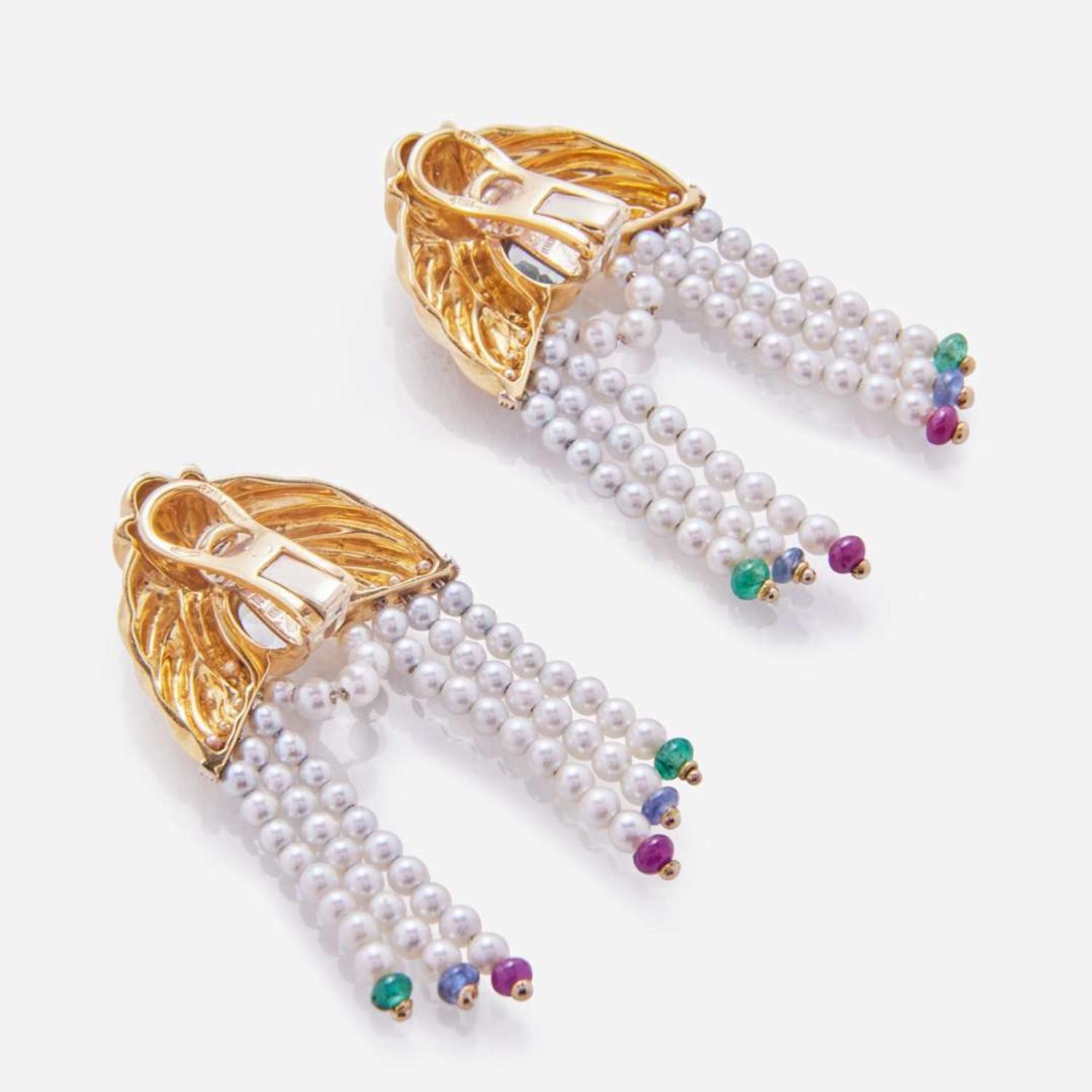 A Pair of 18K Yellow Gold and Gemstone Roberto Legnazzi Ear Clips